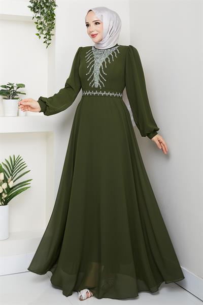 Önü Taşlı Haki Şifon Abiye