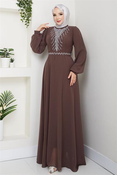 Önü Taşlı Kahverengi Şifon Abiye