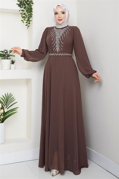Önü Taşlı Kahverengi Şifon Abiye