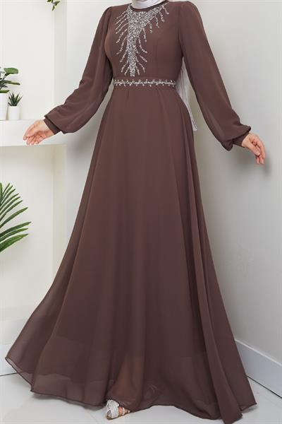 Önü Taşlı Kahverengi Şifon Abiye