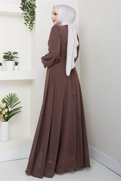 Önü Taşlı Kahverengi Şifon Abiye