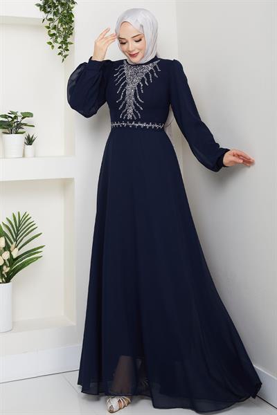 Önü Taşlı Lacivert Şifon Abiye