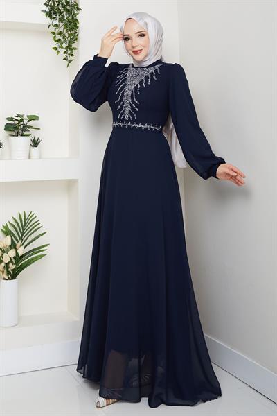 Önü Taşlı Lacivert Şifon Abiye