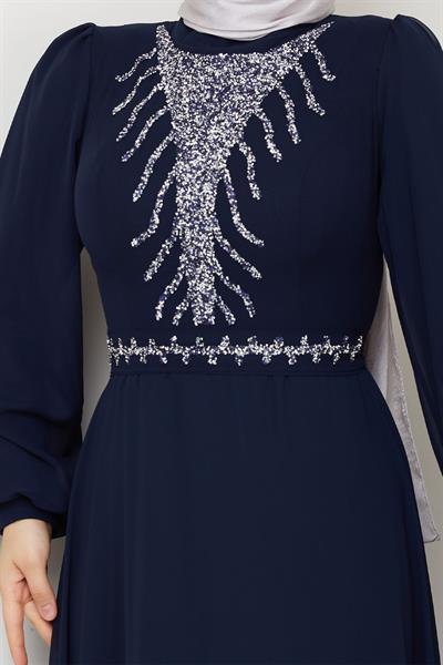 Önü Taşlı Lacivert Şifon Abiye