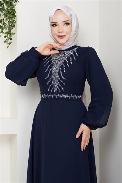 Önü Taşlı Lacivert Şifon Abiye