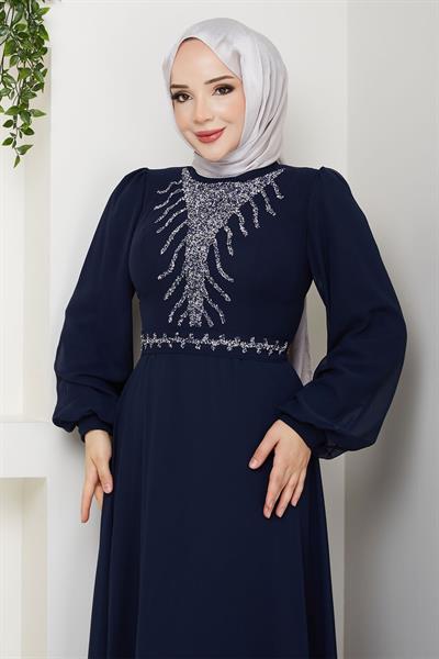 Önü Taşlı Lacivert Şifon Abiye