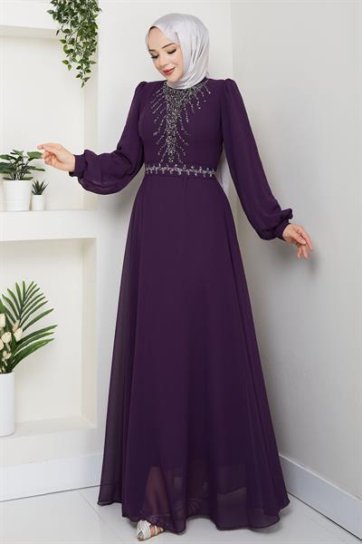 Önü Taşlı Mor Şifon Abiye