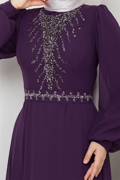 Önü Taşlı Mor Şifon Abiye