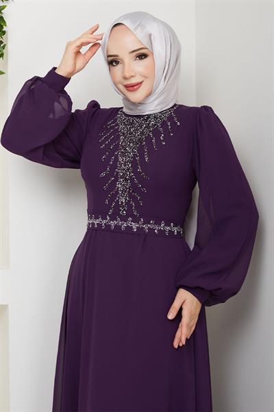 Önü Taşlı Mor Şifon Abiye