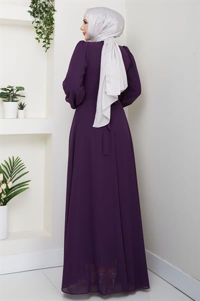 Önü Taşlı Mor Şifon Abiye