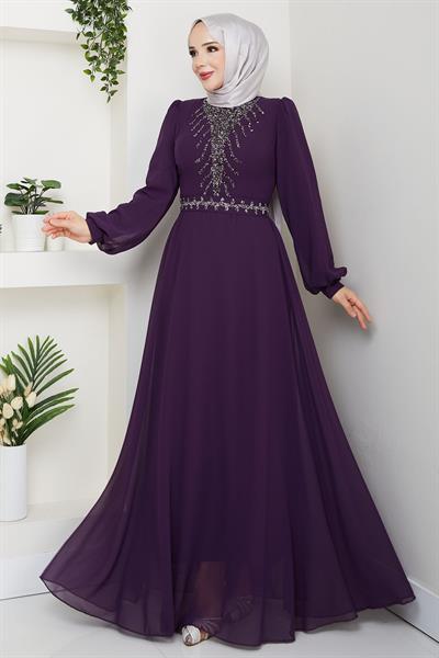Önü Taşlı Mor Şifon Abiye