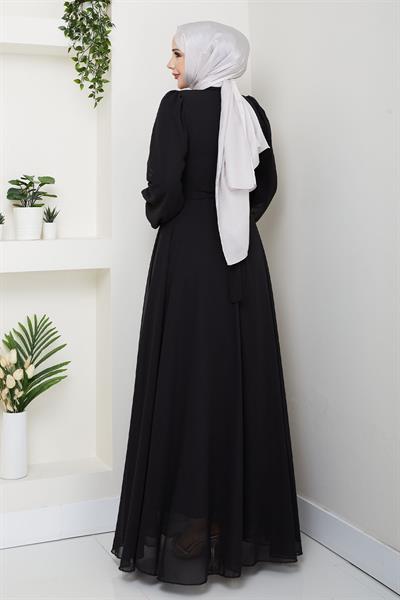 Önü Taşlı Siyah Şifon Abiye