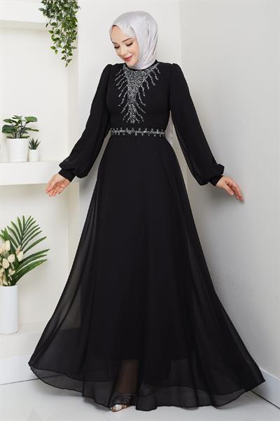 Önü Taşlı Siyah Şifon Abiye