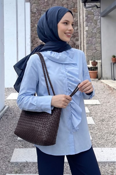 Önü ve Yakası Fırfırlı Bebe Mavisi Gömlek