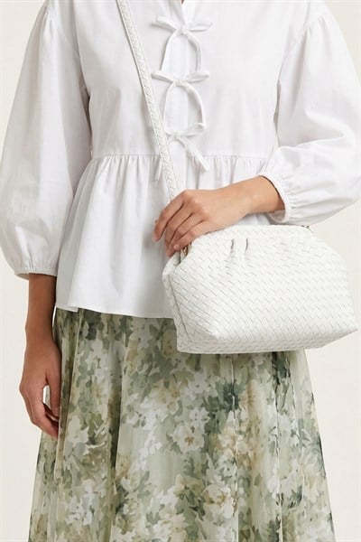 Örgü Desen Dokulu Beyaz Clutch Çanta