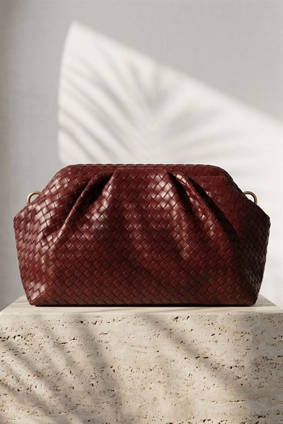 Örgü Desen Dokulu Bordo Clutch Çanta