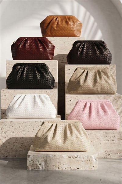Örgü Desen Dokulu Pembe Clutch Çanta