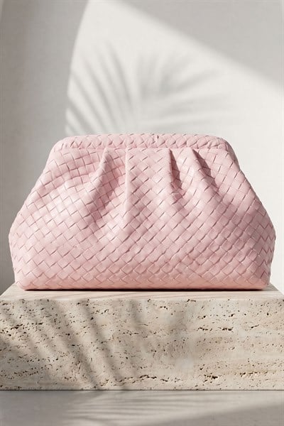 Örgü Desen Dokulu Pembe Clutch Çanta