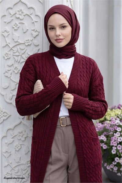 Örgü Desen Uzun Bordo Triko Hırka
