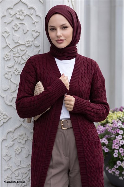 Örgü Desen Uzun Vişne Triko Hırka