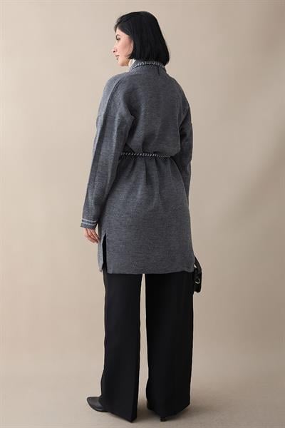 Örgü Ve Sim Detaylı Antrasit Triko Ceket