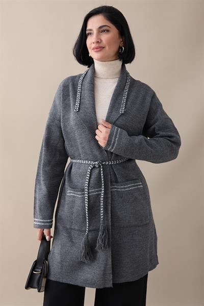 Örgü Ve Sim Detaylı Antrasit Triko Ceket