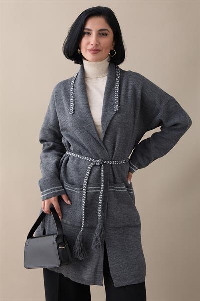 Örgü Ve Sim Detaylı Antrasit Triko Ceket