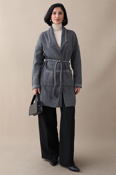 Örgü Ve Sim Detaylı Antrasit Triko Ceket