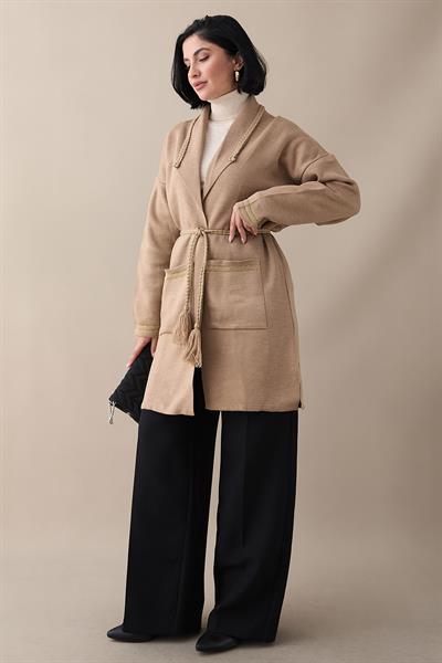 Örgü Ve Sim Detaylı Camel Triko Ceket