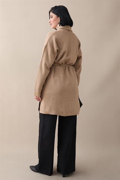 Örgü Ve Sim Detaylı Camel Triko Ceket