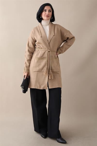 Örgü Ve Sim Detaylı Camel Triko Ceket