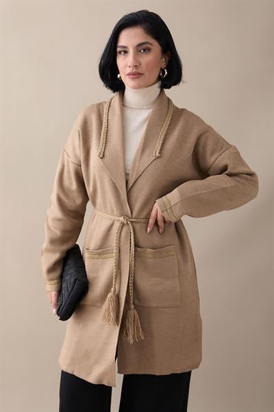 Örgü Ve Sim Detaylı Camel Triko Ceket