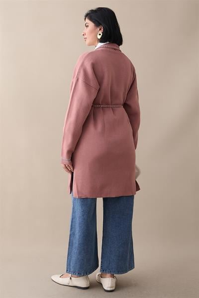 Örgü Ve Sim Detaylı Gül Kurusu Triko Ceket