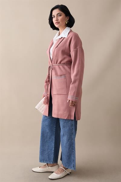 Örgü Ve Sim Detaylı Gül Kurusu Triko Ceket