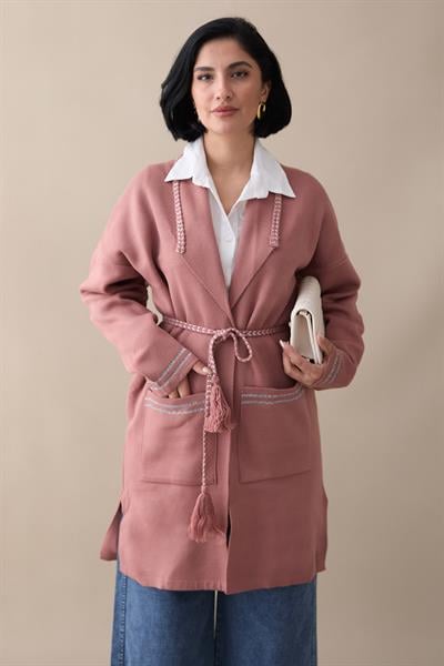 Örgü Ve Sim Detaylı Gül Kurusu Triko Ceket