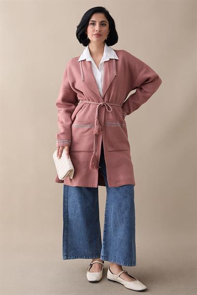 Örgü Ve Sim Detaylı Gül Kurusu Triko Ceket