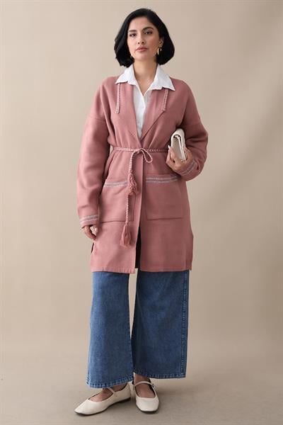 Örgü Ve Sim Detaylı Gül Kurusu Triko Ceket