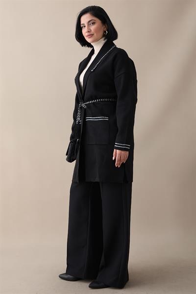 Örgü Ve Sim Detaylı Siyah Triko Ceket