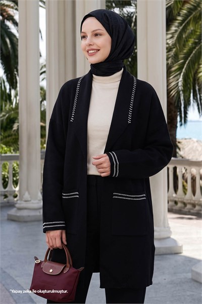Örgü Ve Sim Detaylı Siyah Triko Ceket