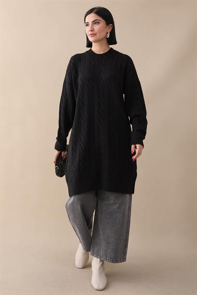 Örgülü Desen Siyah Yumoş Tunik