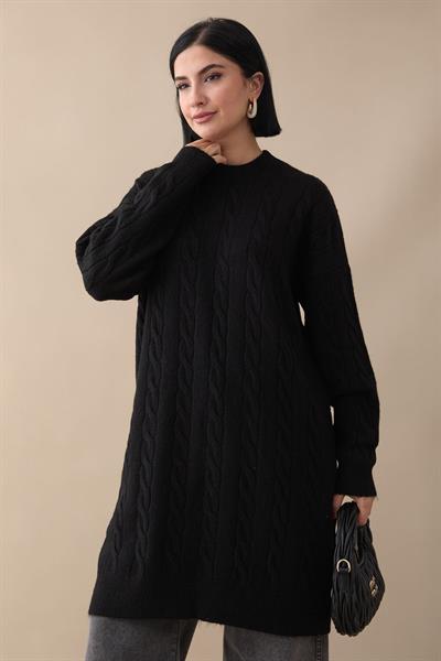 Örgülü Desen Siyah Yumoş Tunik