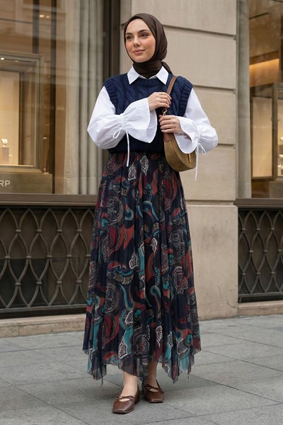 Otantik Desen Asimetrik Lacivert Tül Etek