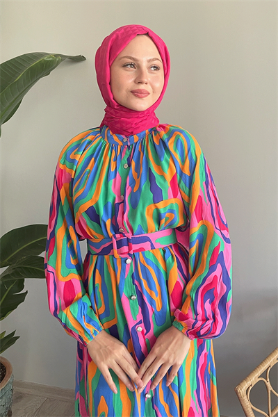 Oval Şeritli Kemerli Pembe Viskon Elbise