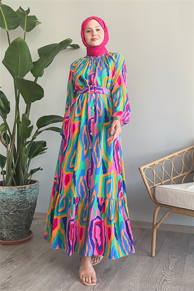 Oval Şeritli Kemerli Pembe Viskon Elbise