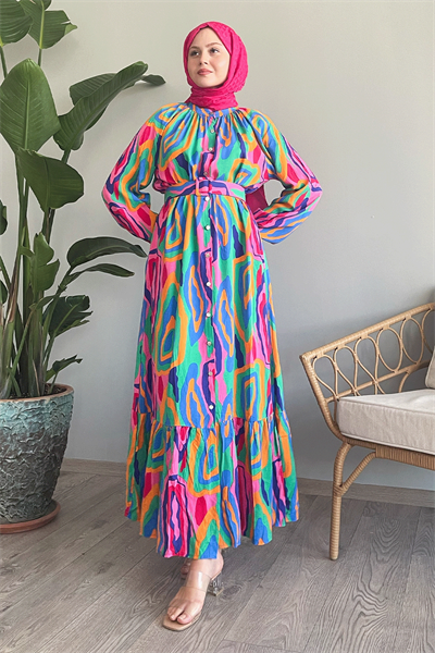 Oval Şeritli Kemerli Pembe Viskon Elbise