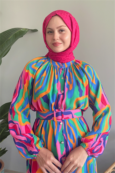 Oval Şeritli Kemerli Pembe Viskon Elbise