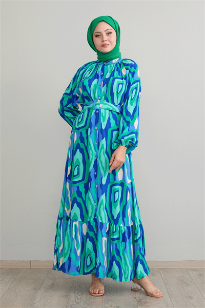 Oval Şeritli Kemerli Yeşil Viskon Elbise