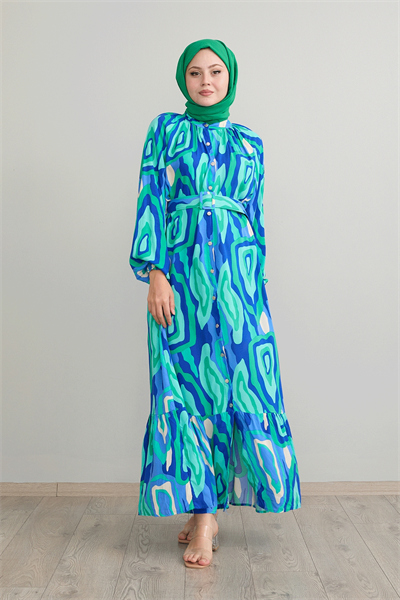 Oval Şeritli Kemerli Yeşil Viskon Elbise