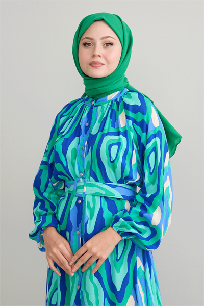 Oval Şeritli Kemerli Yeşil Viskon Elbise