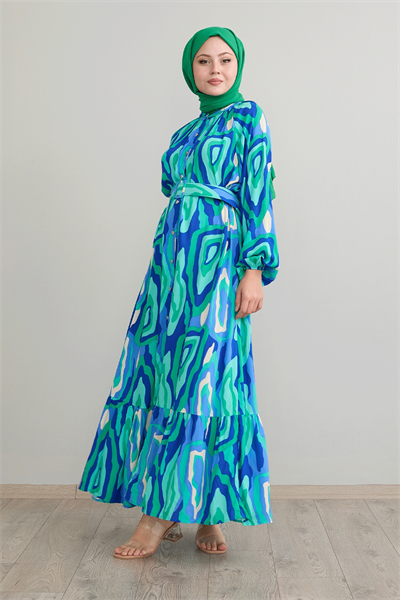 Oval Şeritli Kemerli Yeşil Viskon Elbise